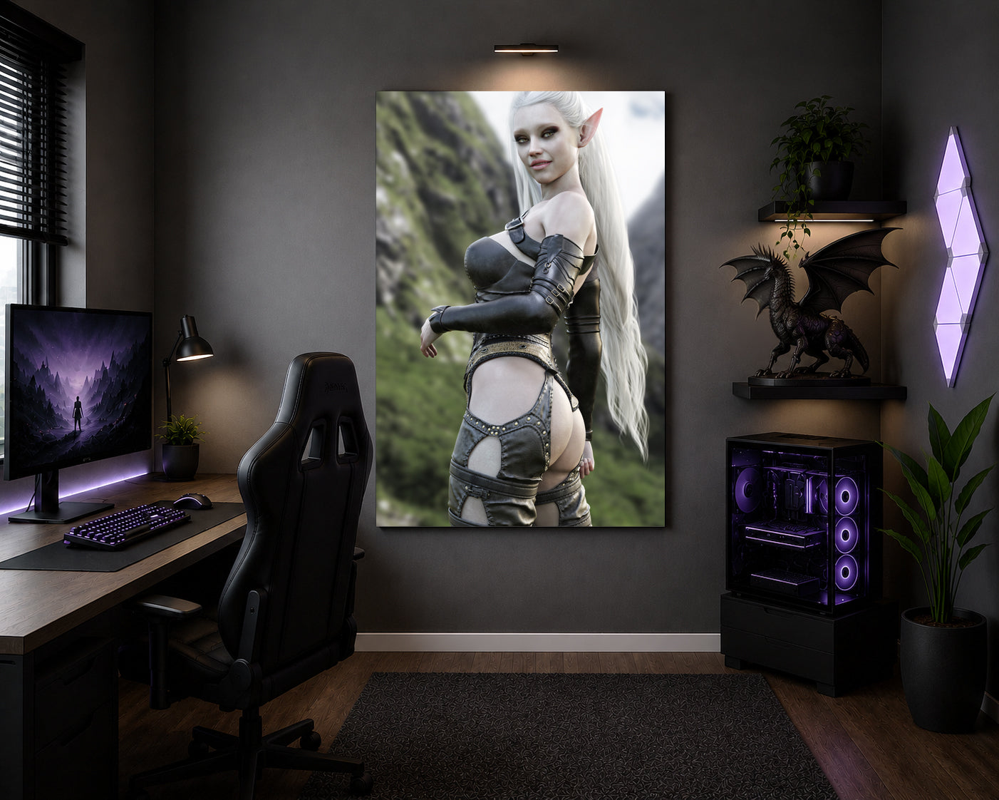 Handcrafted Dark Elf Warrior wall art featuring an elegant white-haired female elf in detailed leather armor overlooking a dramatic mountain landscape. Fantasy artwork ideal for gaming rooms, RPG fans, and medieval fantasy décor.