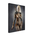Handcrafted Dark Elf Warrior wall art featuring a white-haired female elven swordswoman in detailed leather armor with a longsword across her back. Fantasy artwork perfect for gaming rooms, RPG fans, and medieval fantasy décor.