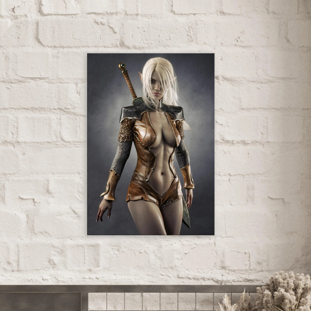 Handcrafted Dark Elf Warrior wall art featuring a white-haired female elven swordswoman in detailed leather armor with a longsword across her back. Fantasy artwork perfect for gaming rooms, RPG fans, and medieval fantasy décor.