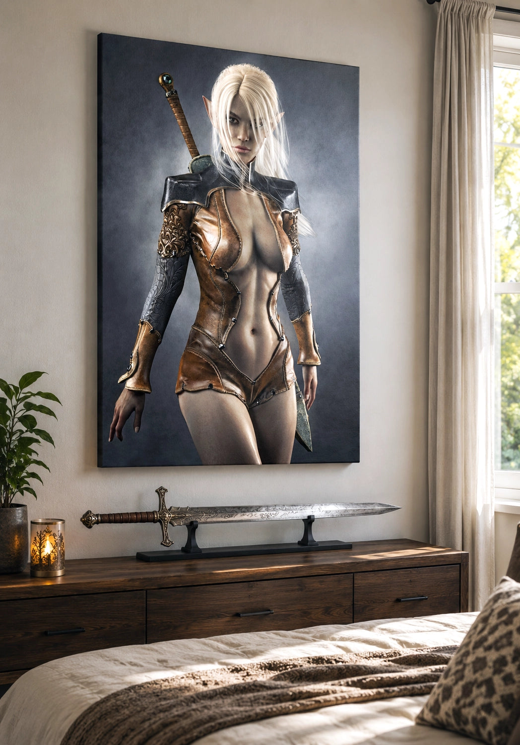 Handcrafted Dark Elf Warrior wall art featuring a white-haired female elven swordswoman in detailed leather armor with a longsword across her back. Fantasy artwork perfect for gaming rooms, RPG fans, and medieval fantasy décor