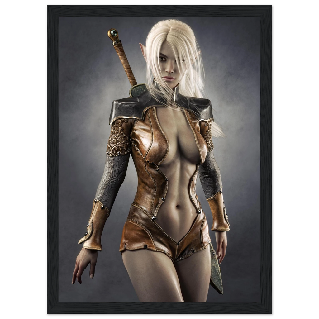 A framed fantasy art print depicting a female elf warrior with long white hair, wearing a brown leather-like bodysuit and holding a sword, shown against a dark gray background.