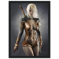 A framed fantasy art print depicting a female elf warrior with long white hair, wearing a brown leather-like bodysuit and holding a sword, shown against a dark gray background.