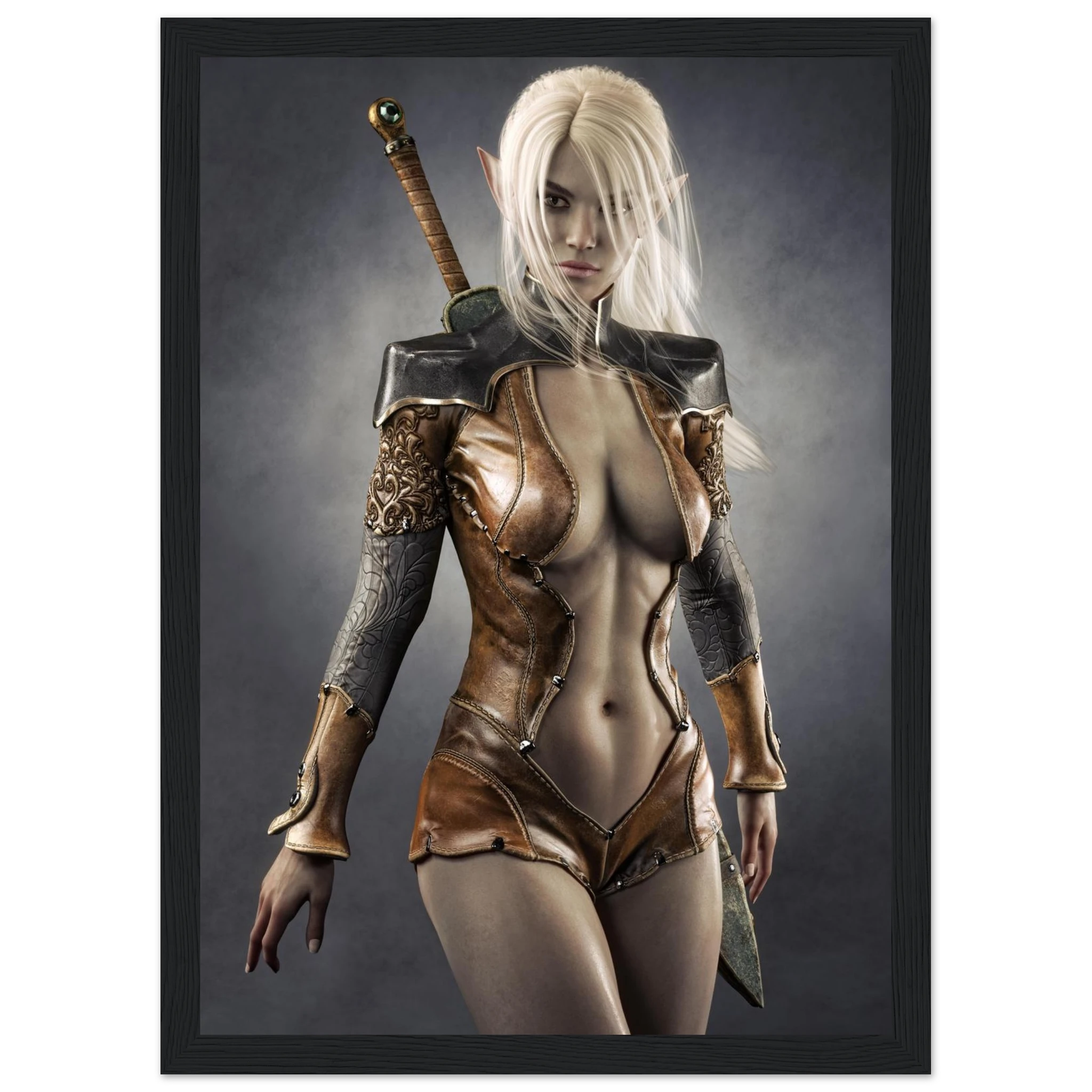 A framed fantasy art print depicting a female elf warrior with long white hair, wearing a brown leather-like bodysuit and holding a sword, shown against a dark gray background.