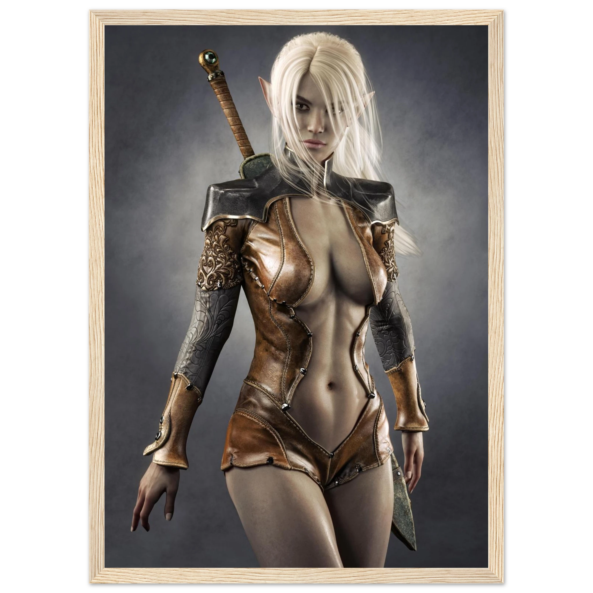 A framed fantasy art print featuring an elf-like female warrior with long platinum-blonde hair, wearing brown leather armor and holding a sword over her shoulder, set against a dark gray background.