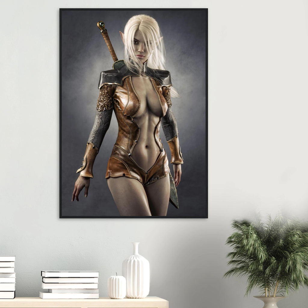 A framed vertical art print depicting a fantasy female elf warrior with long white hair, metallic bronze armor, and a sword on her back, displayed on a light gray wall above a console table with books and a plant.