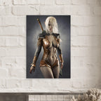 Handcrafted Dark Elf Warrior wall art featuring a white-haired female elven swordswoman in detailed leather armor with a longsword across her back. Fantasy artwork perfect for gaming rooms, RPG fans, and medieval fantasy décor.