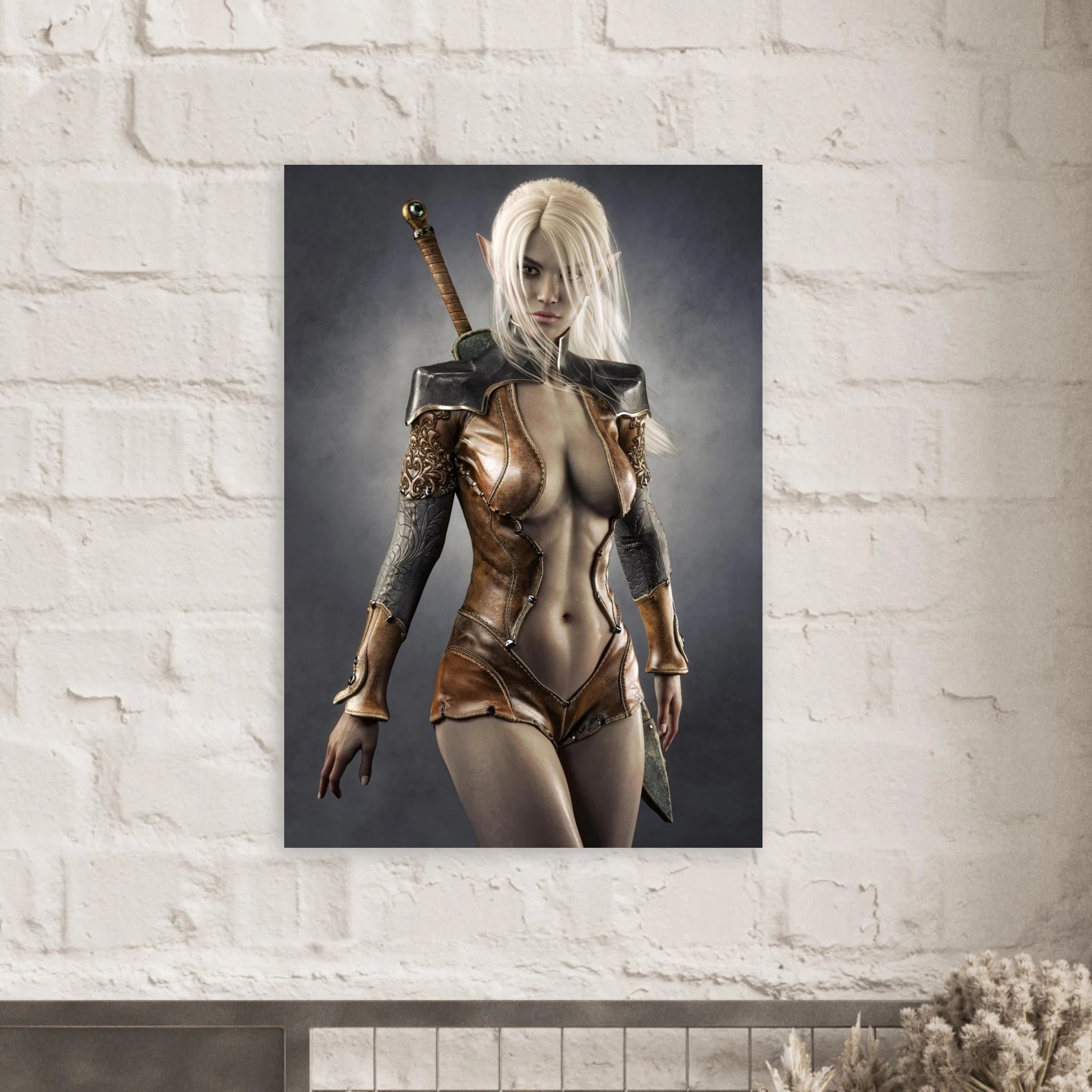 Handcrafted Dark Elf Warrior wall art featuring a white-haired female elven swordswoman in detailed leather armor with a longsword across her back. Fantasy artwork perfect for gaming rooms, RPG fans, and medieval fantasy décor.