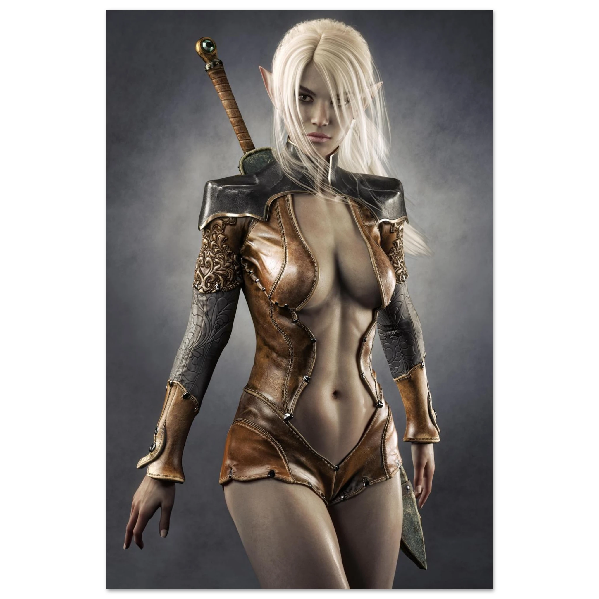 Handcrafted Dark Elf Warrior wall art featuring a white-haired female elven swordswoman in detailed leather armor with a longsword across her back. Fantasy artwork perfect for gaming rooms, RPG fans, and medieval fantasy décor.