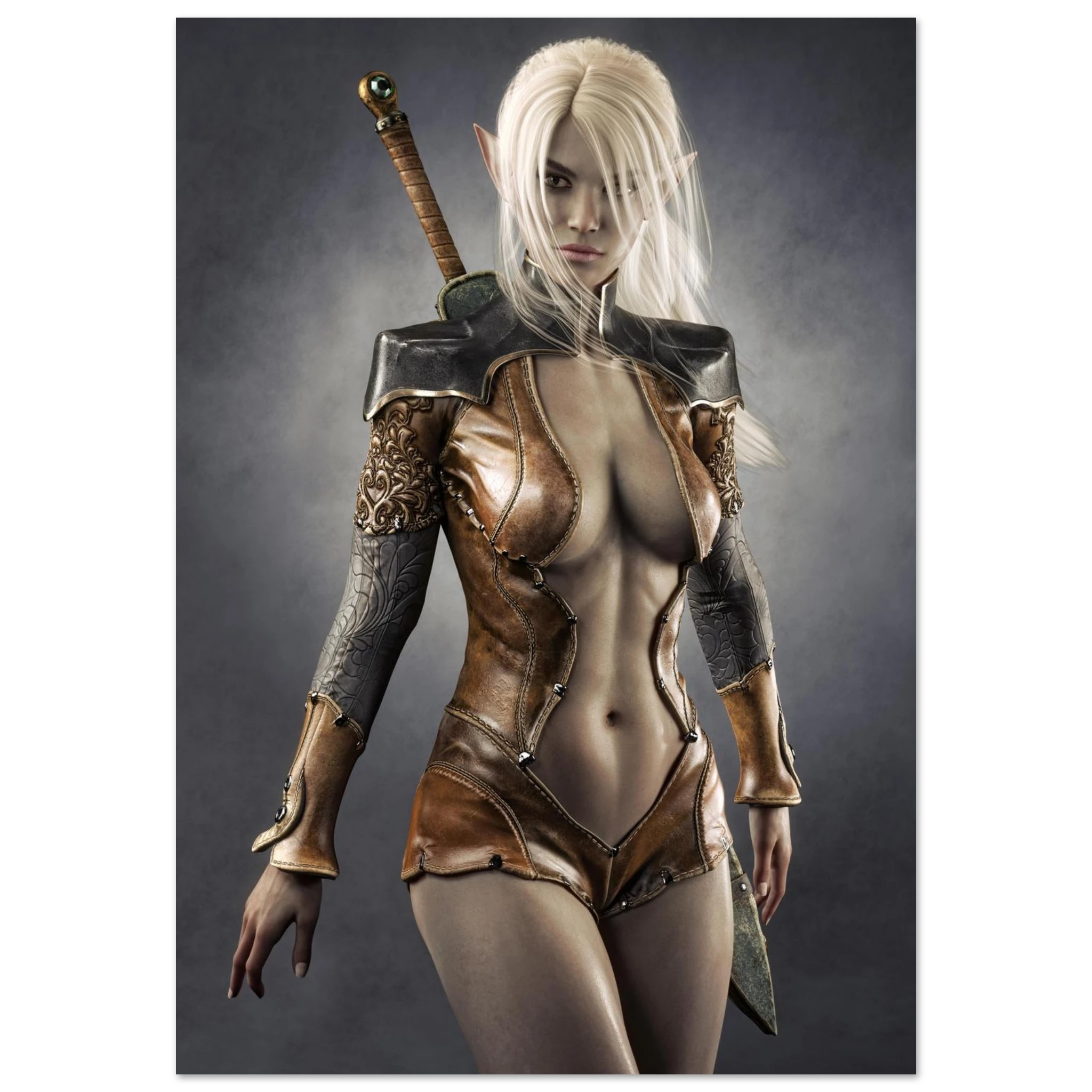 Handcrafted Dark Elf Warrior wall art featuring a white-haired female elven swordswoman in detailed leather armor with a longsword across her back. Fantasy artwork perfect for gaming rooms, RPG fans, and medieval fantasy décor.