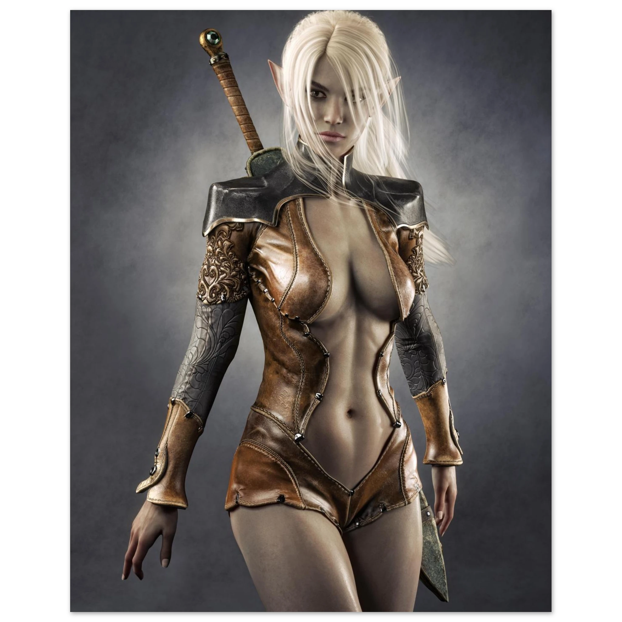 Handcrafted Dark Elf Warrior wall art featuring a white-haired female elven swordswoman in detailed leather armor with a longsword across her back. Fantasy artwork perfect for gaming rooms, RPG fans, and medieval fantasy décor.