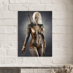 Handcrafted Dark Elf Warrior wall art featuring a white-haired female elven swordswoman in detailed leather armor with a longsword across her back. Fantasy artwork perfect for gaming rooms, RPG fans, and medieval fantasy décor.