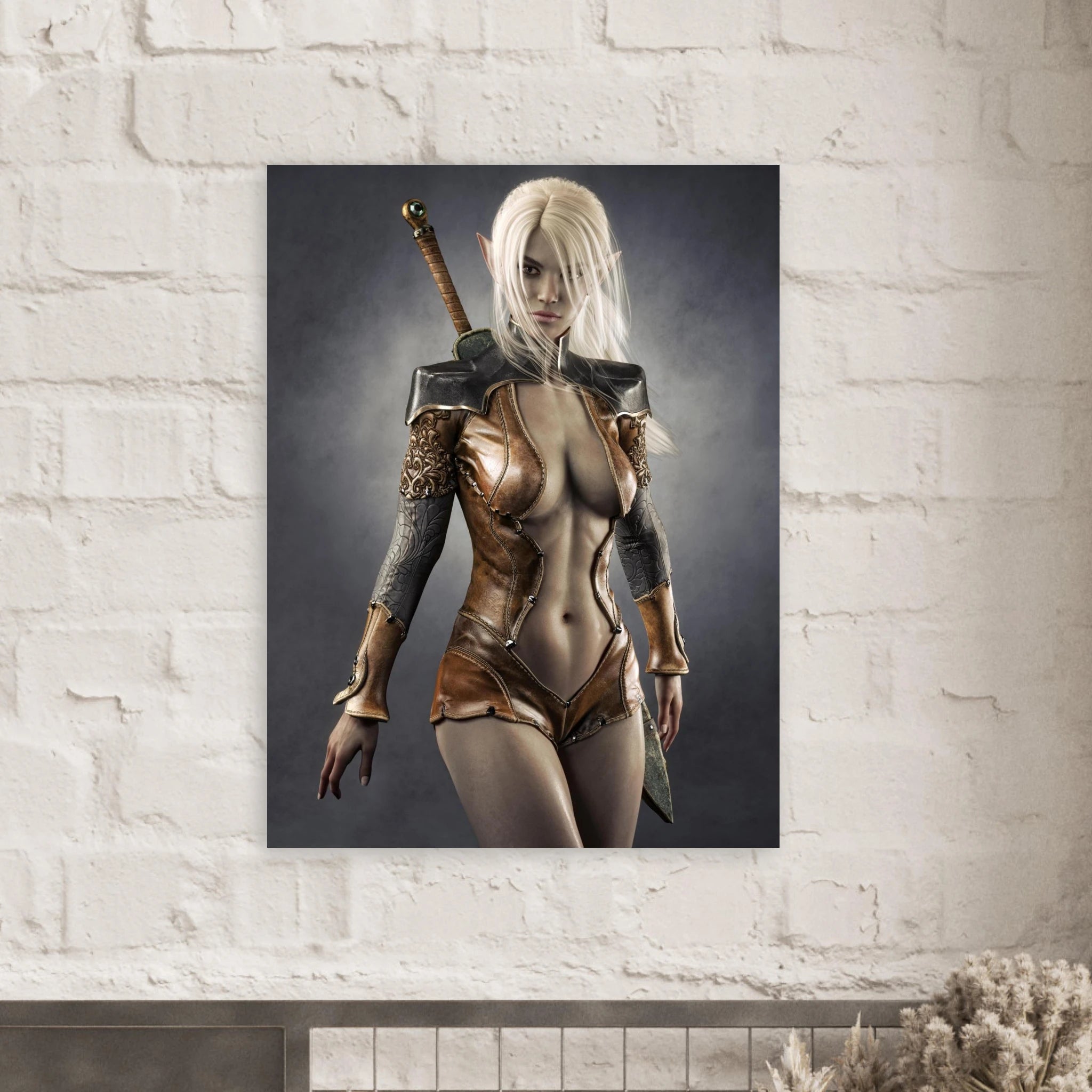 Handcrafted Dark Elf Warrior wall art featuring a white-haired female elven swordswoman in detailed leather armor with a longsword across her back. Fantasy artwork perfect for gaming rooms, RPG fans, and medieval fantasy décor.
