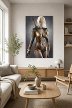 Handcrafted Dark Elf Warrior wall art featuring a white-haired female elven swordswoman in detailed leather armor with a longsword across her back. Fantasy artwork perfect for gaming rooms, RPG fans, and medieval fantasy décor.