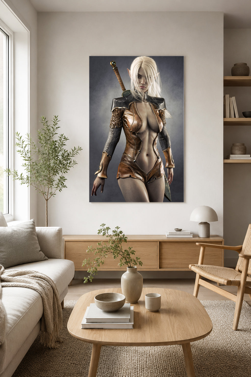 Handcrafted Dark Elf Warrior wall art featuring a white-haired female elven swordswoman in detailed leather armor with a longsword across her back. Fantasy artwork perfect for gaming rooms, RPG fans, and medieval fantasy décor.