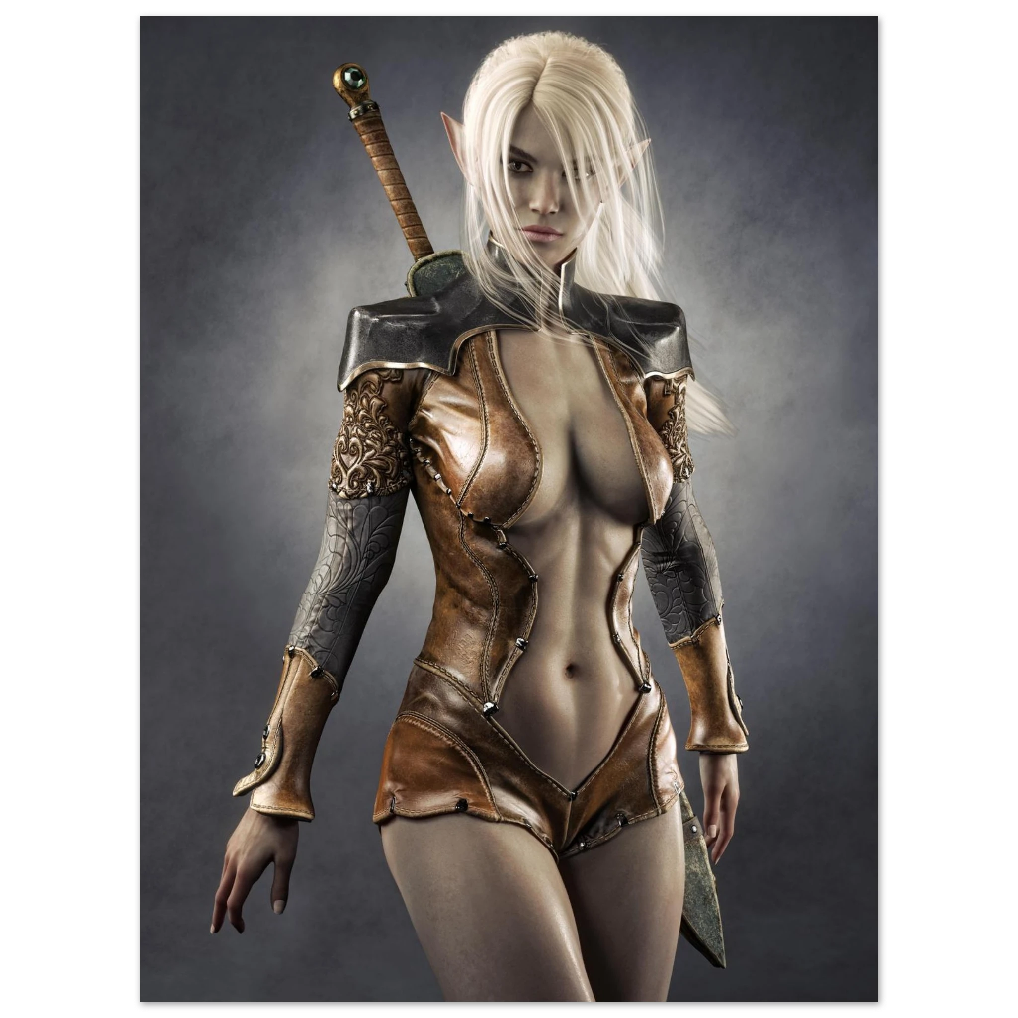 Handcrafted Dark Elf Warrior wall art featuring a white-haired female elven swordswoman in detailed leather armor with a longsword across her back. Fantasy artwork perfect for gaming rooms, RPG fans, and medieval fantasy décor.