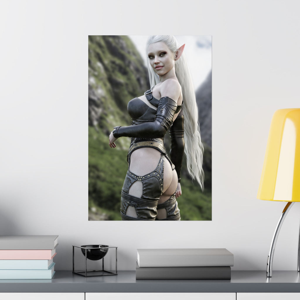 A hand-crafted fantasy illustration of a graceful dark elf warrior with flowing white hair standing before dramatic mountain cliffs. Detailed leather armor, elegant fantasy attire, realistic lighting, and cinematic scenery create an immersive fantasy portrait inspired by classic high fantasy adventures.
