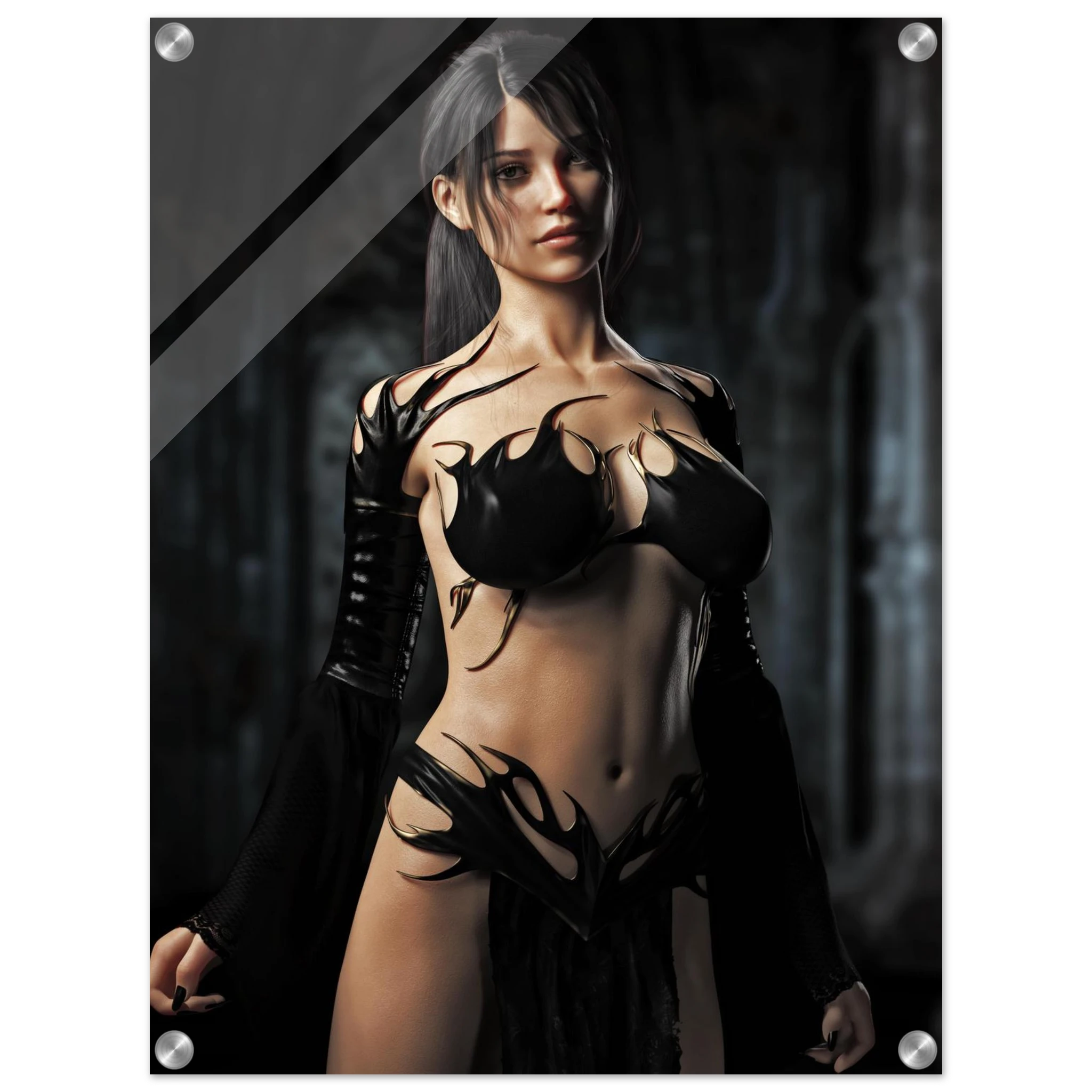 Handcrafted Dark Sorceress wall art featuring a powerful gothic fantasy spellcaster in elegant black attire inside an ancient cathedral. Fantasy artwork perfect for gaming rooms, RPG fans, and gothic fantasy décor.
