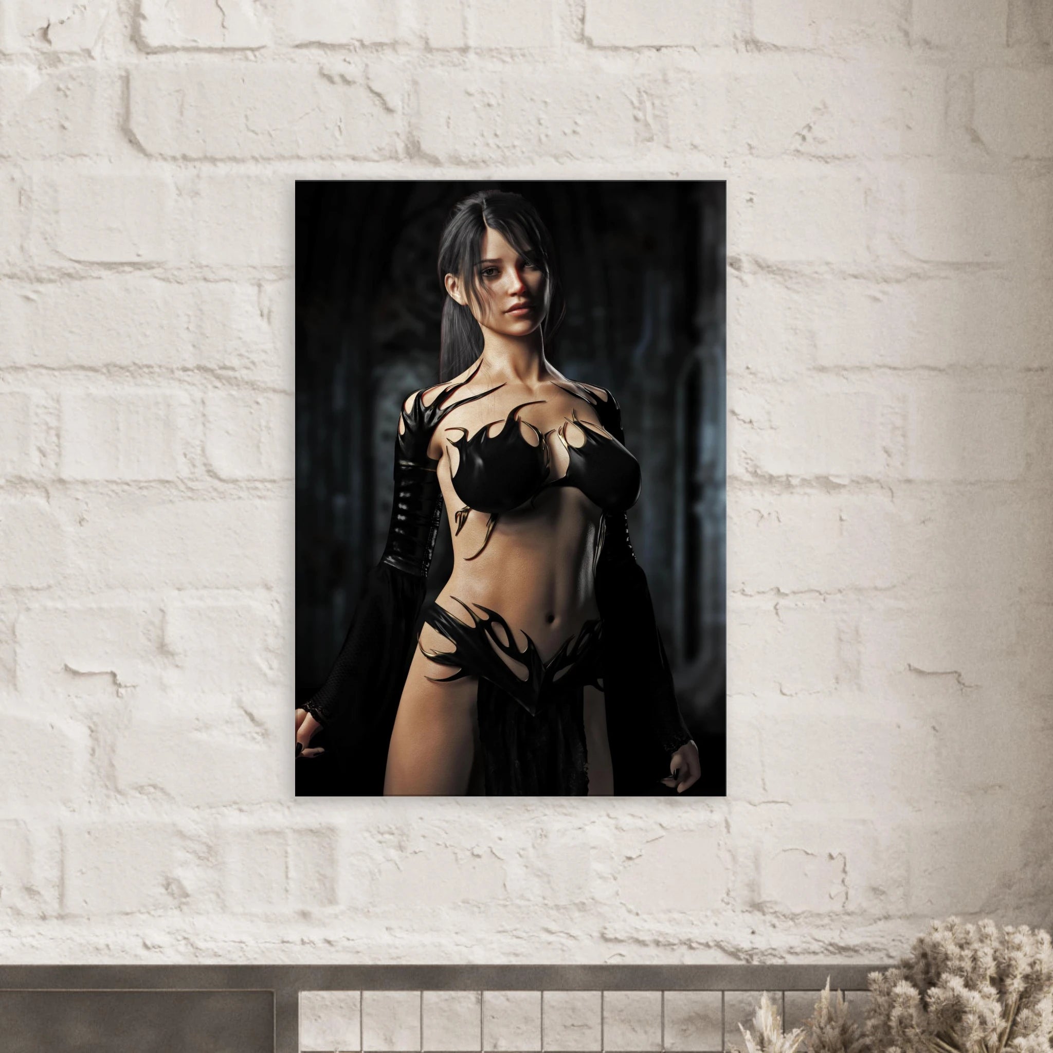 Handcrafted Dark Sorceress wall art featuring a powerful gothic fantasy spellcaster in elegant black attire inside an ancient cathedral. Fantasy artwork perfect for gaming rooms, RPG fans, and gothic fantasy décor.