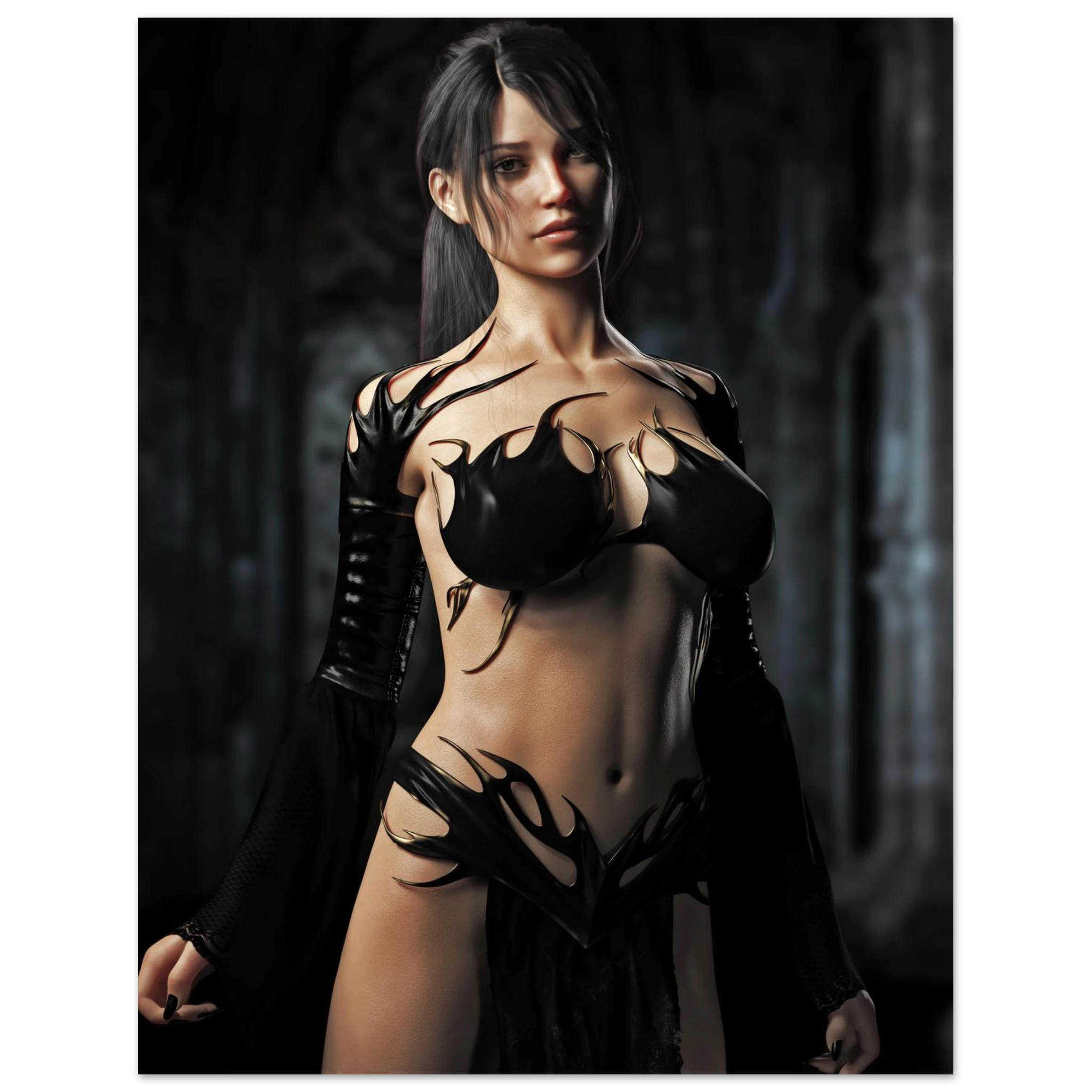 Handcrafted Dark Sorceress wall art featuring a powerful gothic fantasy spellcaster in elegant black attire inside an ancient cathedral. Fantasy artwork perfect for gaming rooms, RPG fans, and gothic fantasy décor.