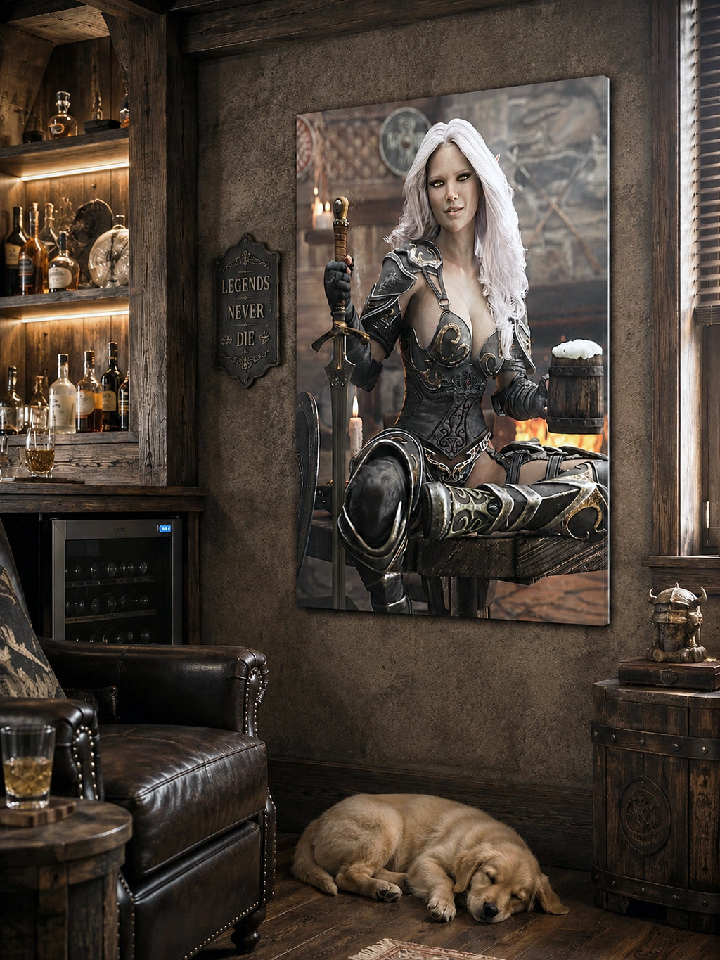 Handcrafted Dark Elf Warrior tavern wall art featuring a white-haired female elf in ornate armor holding a frothy tankard beside her sword and shield in a cozy medieval tavern. Fantasy artwork perfect for gaming rooms, home bars, RPG fans, and medieval fantasy décor.