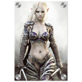 A vertical wall art print featuring a fantasy elf woman with long platinum-blonde hair, wearing ornate purple and silver armor, shown against a smoky gray background. The print has rounded corners with metallic silver hardware visible.