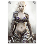A vertical wall art print featuring a fantasy elf woman with long platinum-blonde hair, wearing ornate purple and silver armor, shown against a smoky gray background. The print has rounded corners with metallic silver hardware visible.
