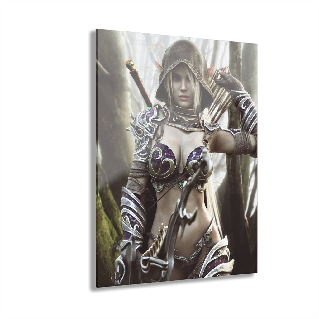 Modern living room featuring a fantasy elf archer Acrylic print on a contemporary accent wall. The artwork showcases a hooded female elf with ornate armor, bow, and quiver in a mystical forest, creating a striking medieval fantasy centerpiece for home décor.