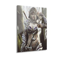 Modern living room featuring a fantasy elf archer Acrylic print on a contemporary accent wall. The artwork showcases a hooded female elf with ornate armor, bow, and quiver in a mystical forest, creating a striking medieval fantasy centerpiece for home décor.