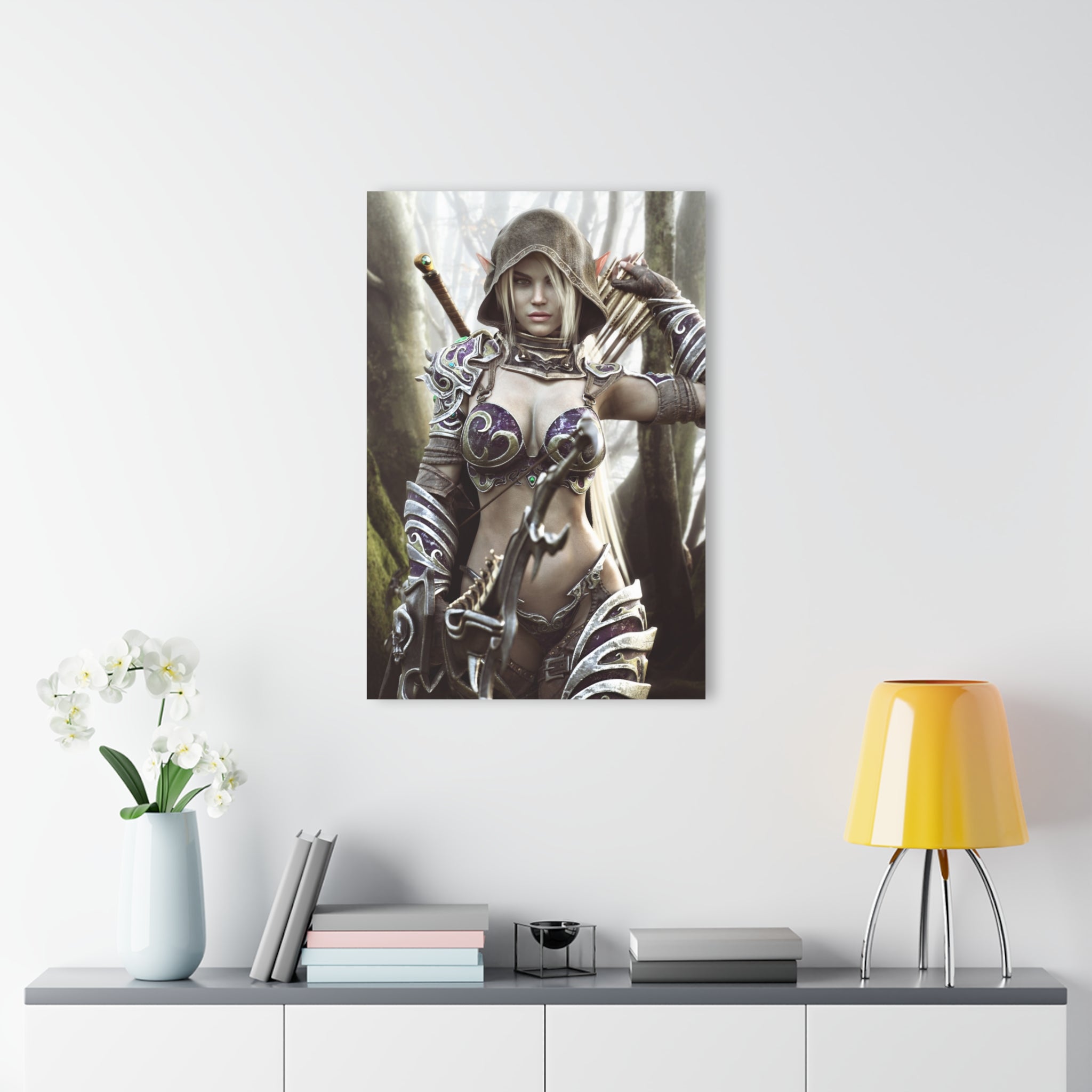 Modern living room featuring a fantasy elf archer Acrylic print on a contemporary accent wall. The artwork showcases a hooded female elf with ornate armor, bow, and quiver in a mystical forest, creating a striking medieval fantasy centerpiece for home décor.