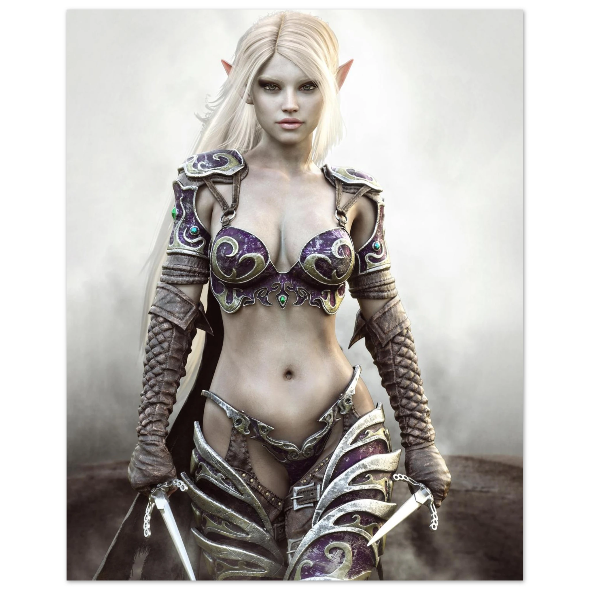 Dark Elf Rogue Assassin wall art featuring a masked female elven warrior with emerald eyes, engraved silver armor, a razor-sharp dagger, and a quiver of arrows in an enchanted forest. Handcrafted fantasy artwork perfect for gaming rooms, RPG fans, and medieval fantasy décor.