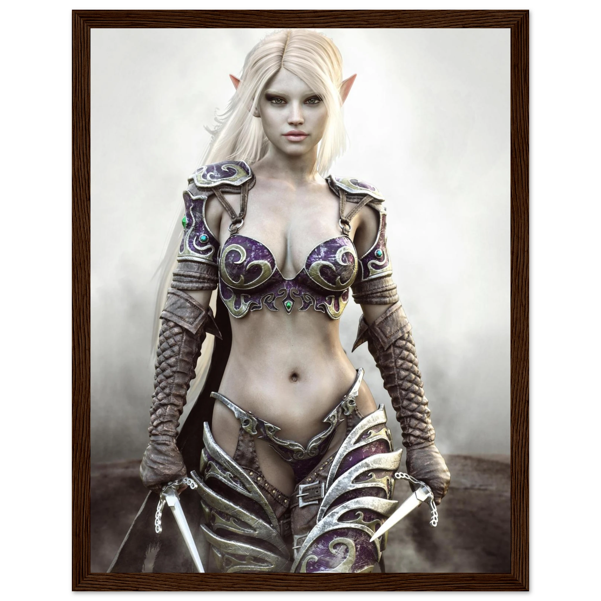 A framed fantasy art print depicting a female elf warrior with long platinum blonde hair, wearing ornate purple and silver armor, set against a misty gray background.