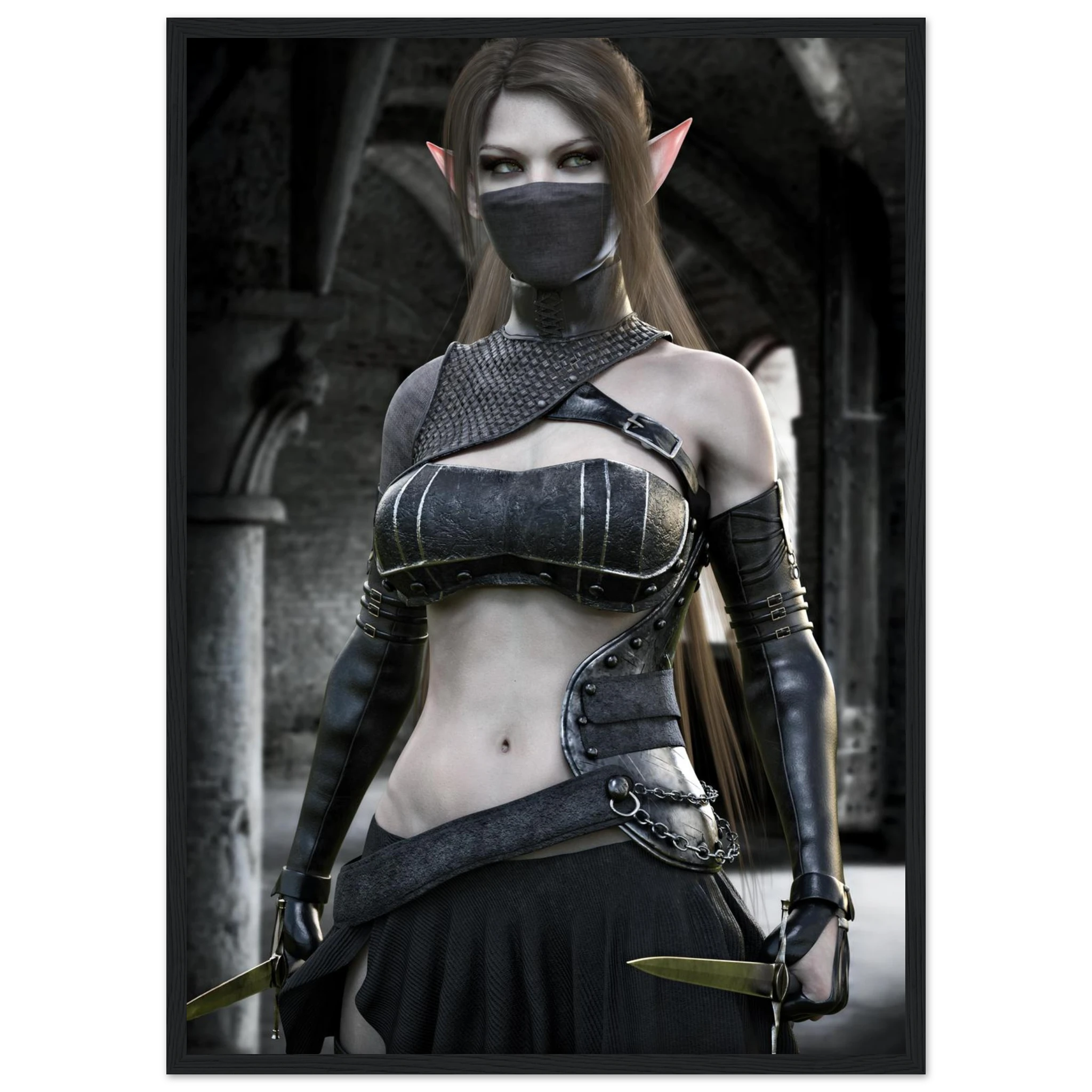 A framed art print featuring a fantasy illustration of an elf woman with long brown hair, pointed ears, and a black face mask, wearing a dark tactical outfit with leather-like arm guards and holding two knives, set against a dark stone archway background.