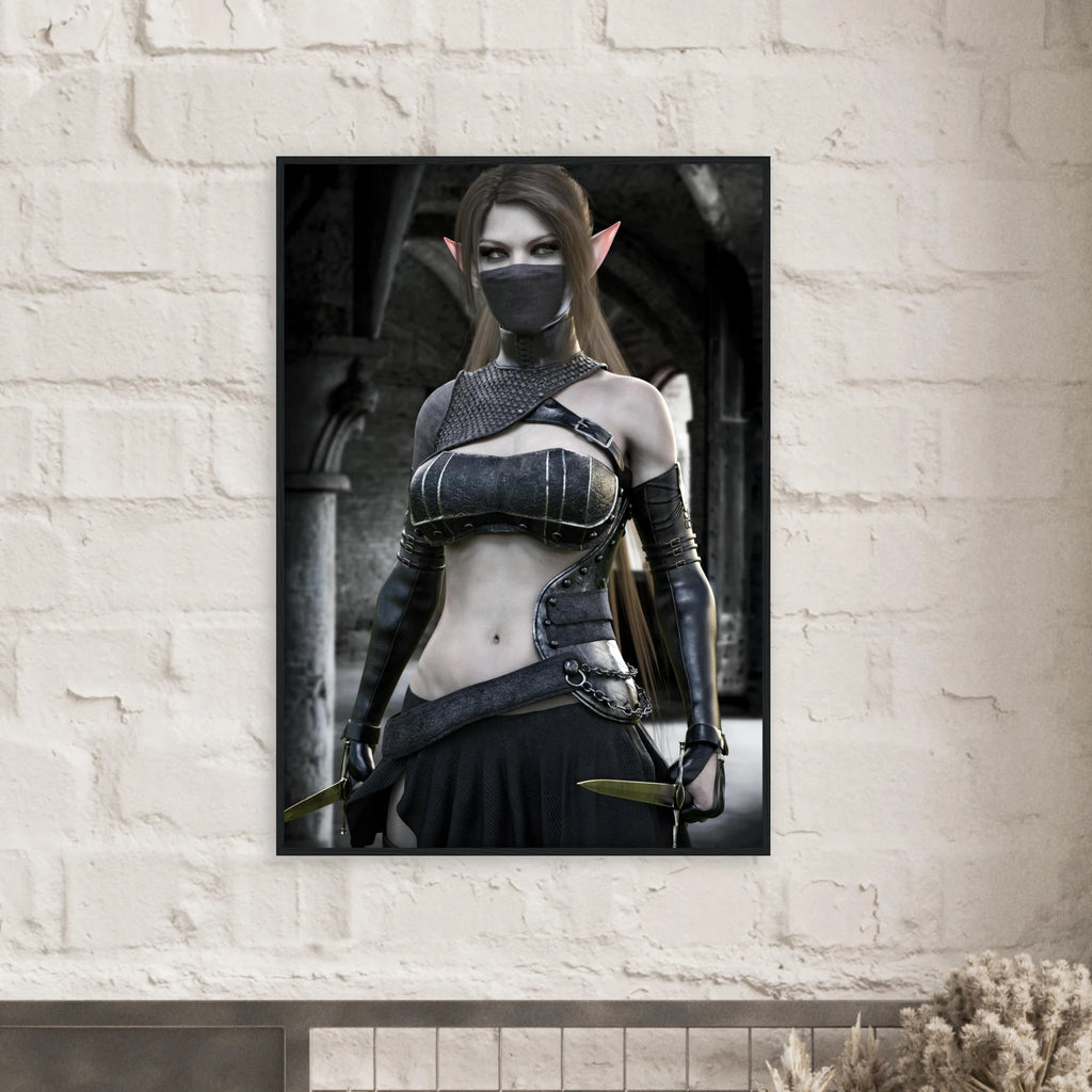 A vertical framed wall art print featuring a fantasy elf woman in dark armor, hanging on a white brick wall above a mantel with dried flowers.