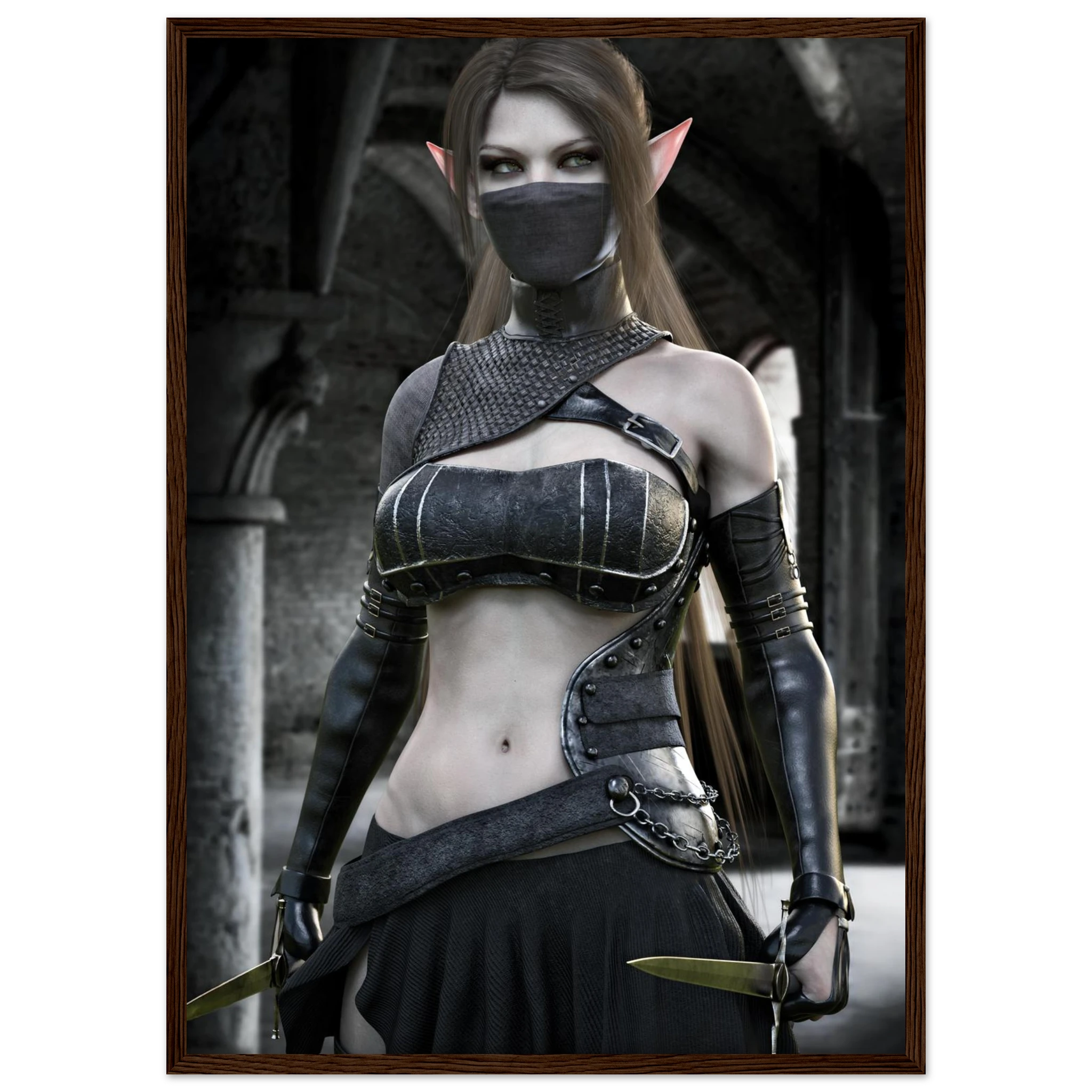 A framed art print featuring a fantasy illustration of a female elf warrior with long brown hair, pointed pink ears, a black face mask, and dark metallic armor, set against a dark gothic archway background.