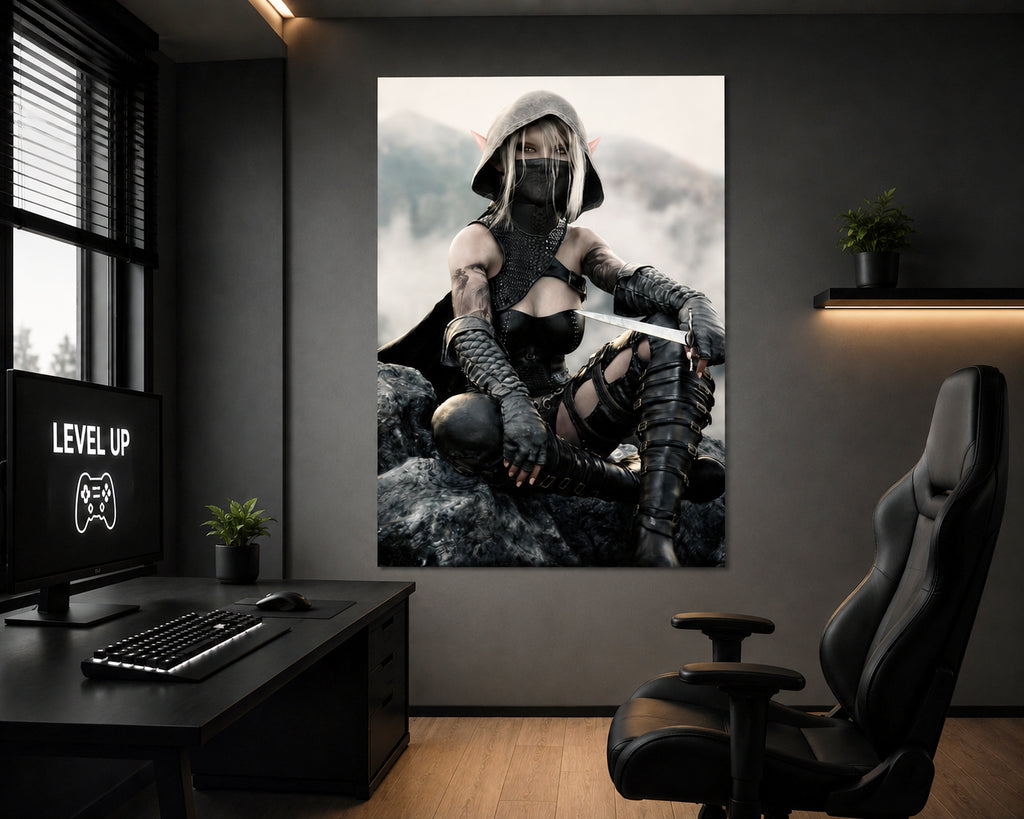 Dark elf assassin with silver hair and golden eyes, wearing black leather armor and a hooded mask, seated on rocky terrain holding a sword in a misty fantasy landscape.