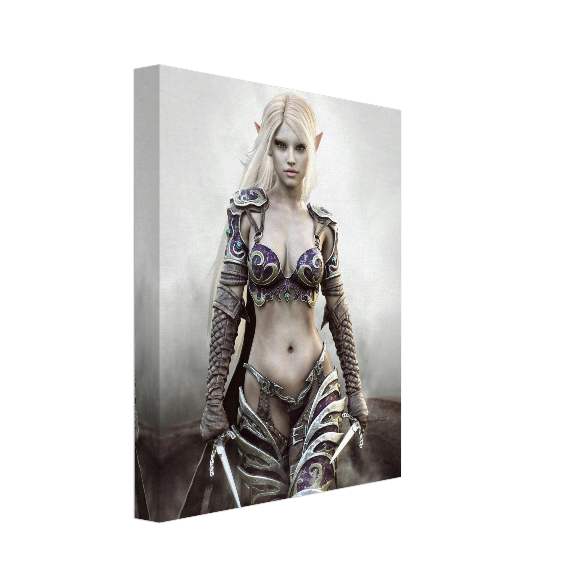 A vertical canvas wall art print featuring a fantasy elf woman with long platinum blonde hair, pointed ears, and ornate armor in purple, silver, and brown tones, shown at a slight angle on a white background.