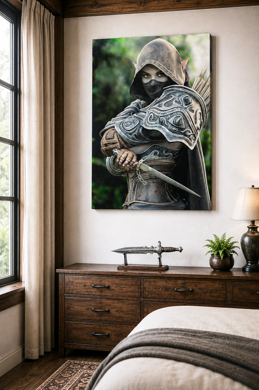 Hooded Dark Elf Rogue Assassin wall art featuring a masked female elven warrior with emerald eyes, engraved silver armor, a razor-sharp dagger, and a quiver of arrows in an enchanted forest. Handcrafted fantasy artwork perfect for gaming rooms, RPG fans, and medieval fantasy décor.