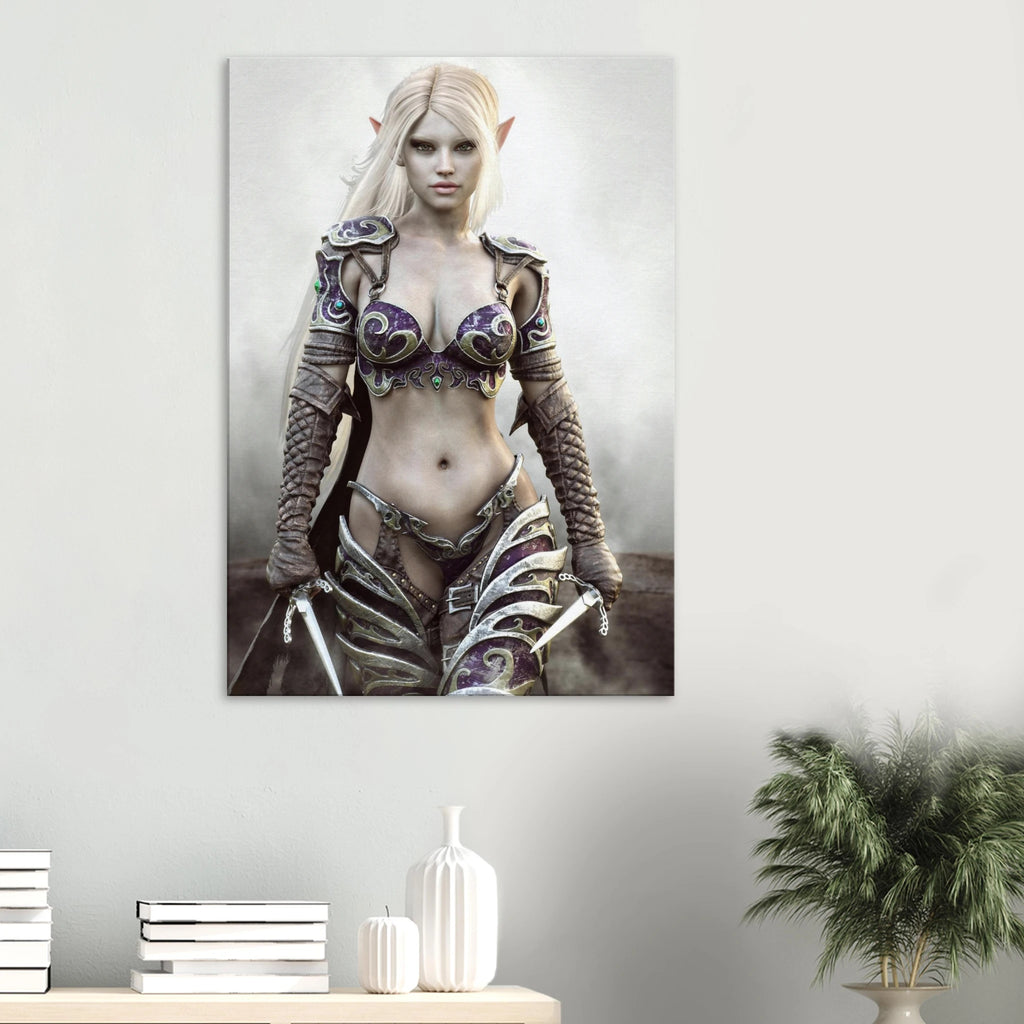 A vertical wall art print depicting an elf-like female warrior with pale skin, long white hair, pointed ears, and ornate armor, displayed on a light gray wall above a console table with books, a vase, and a potted plant.