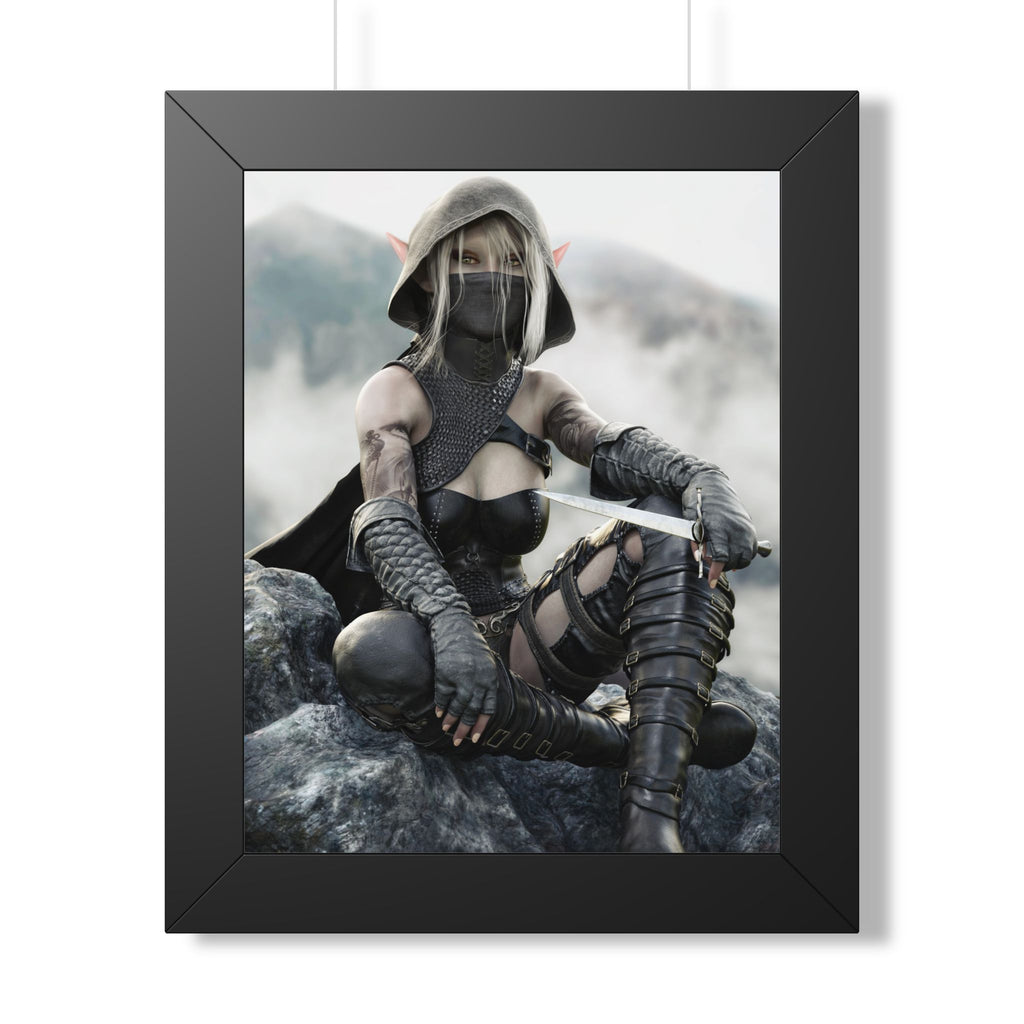 Dark elf assassin with silver hair and golden eyes, wearing black leather armor and a hooded mask, seated on rocky terrain holding a sword in a misty fantasy landscape.