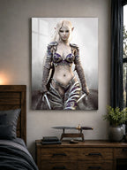 A vertical canvas wall art print depicting a fantasy female elf warrior assassin with long blonde hair and ornate armor, displayed on a bedroom wall above a wooden dresser.