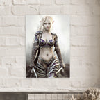 Dark Elf Rogue Assassin wall art featuring a masked female elven warrior with emerald eyes, engraved silver armor, a razor-sharp dagger, and a quiver of arrows in an enchanted forest. Handcrafted fantasy artwork perfect for gaming rooms, RPG fans, and medieval fantasy décor.