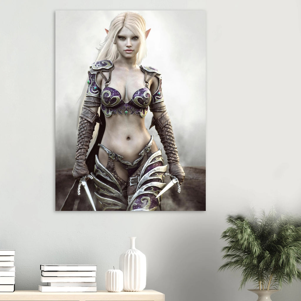 A vertical wall art print depicting a fantasy female elf warrior with long platinum blonde hair, wearing ornate silver and purple armor, hanging on a light gray wall above a small table with books, a vase, and a potted plant.