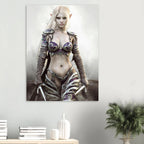 A vertical wall art print depicting a fantasy female elf warrior with long platinum blonde hair, wearing ornate silver and purple armor, hanging on a light gray wall above a small table with books, a vase, and a potted plant.