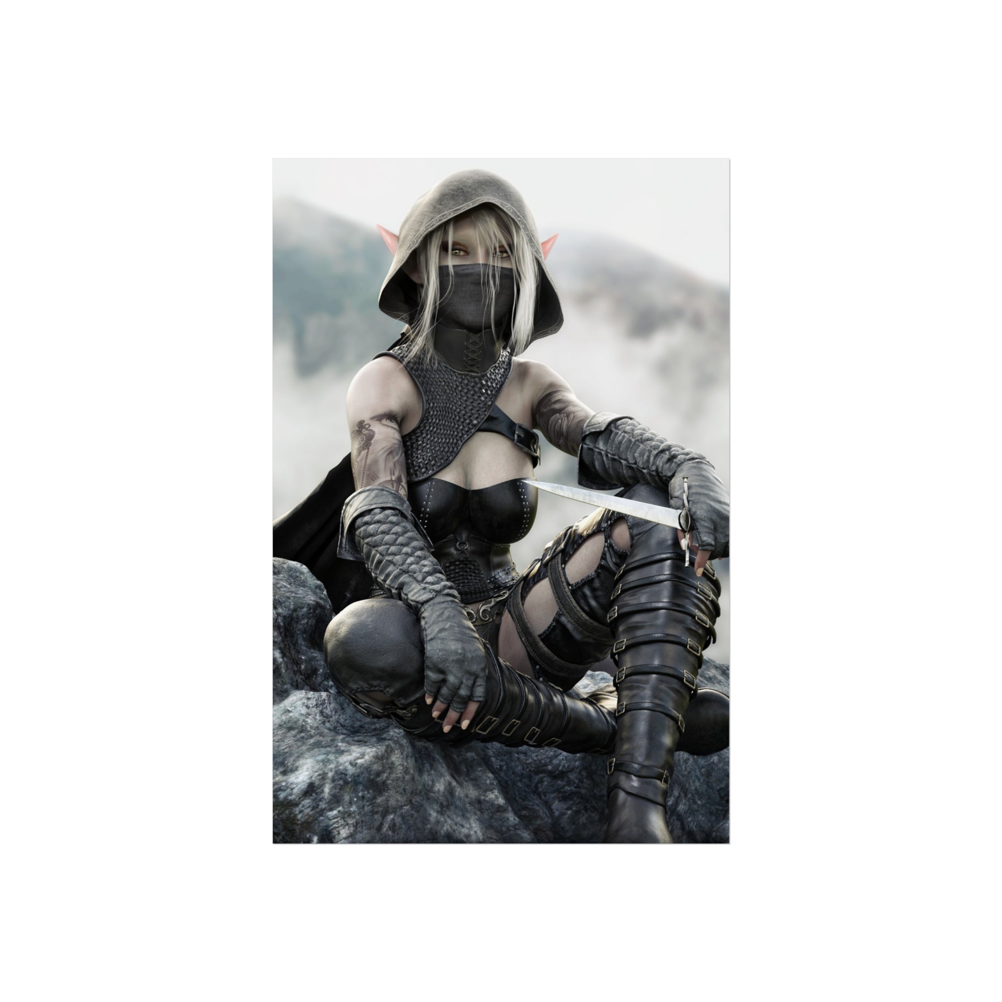 Dark elf assassin with silver hair and golden eyes, wearing black leather armor and a hooded mask, seated on rocky terrain holding a sword in a misty fantasy landscape.