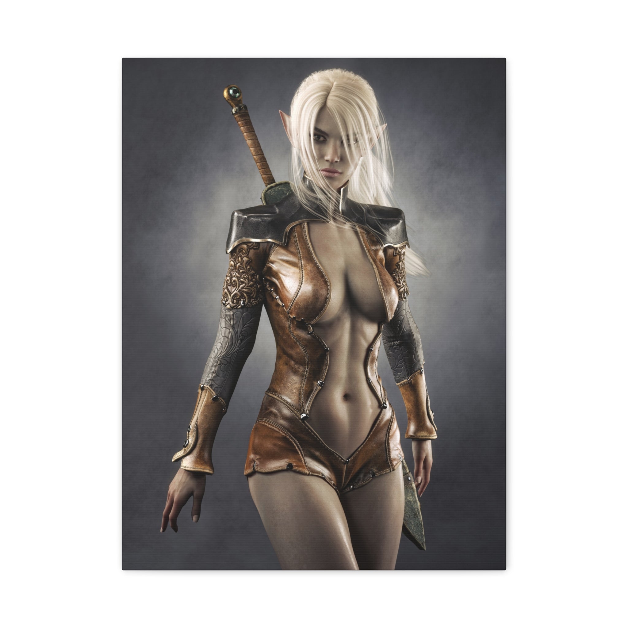 White-haired dark elf warrior in ornate leather armor with a sword on her back, standing confidently in a dramatic fantasy portrait.