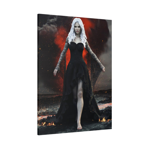 Fantasy wall art of a dark elf sorceress with flowing white hair and a black gown, walking through lava, fire, smoke, and glowing embers.