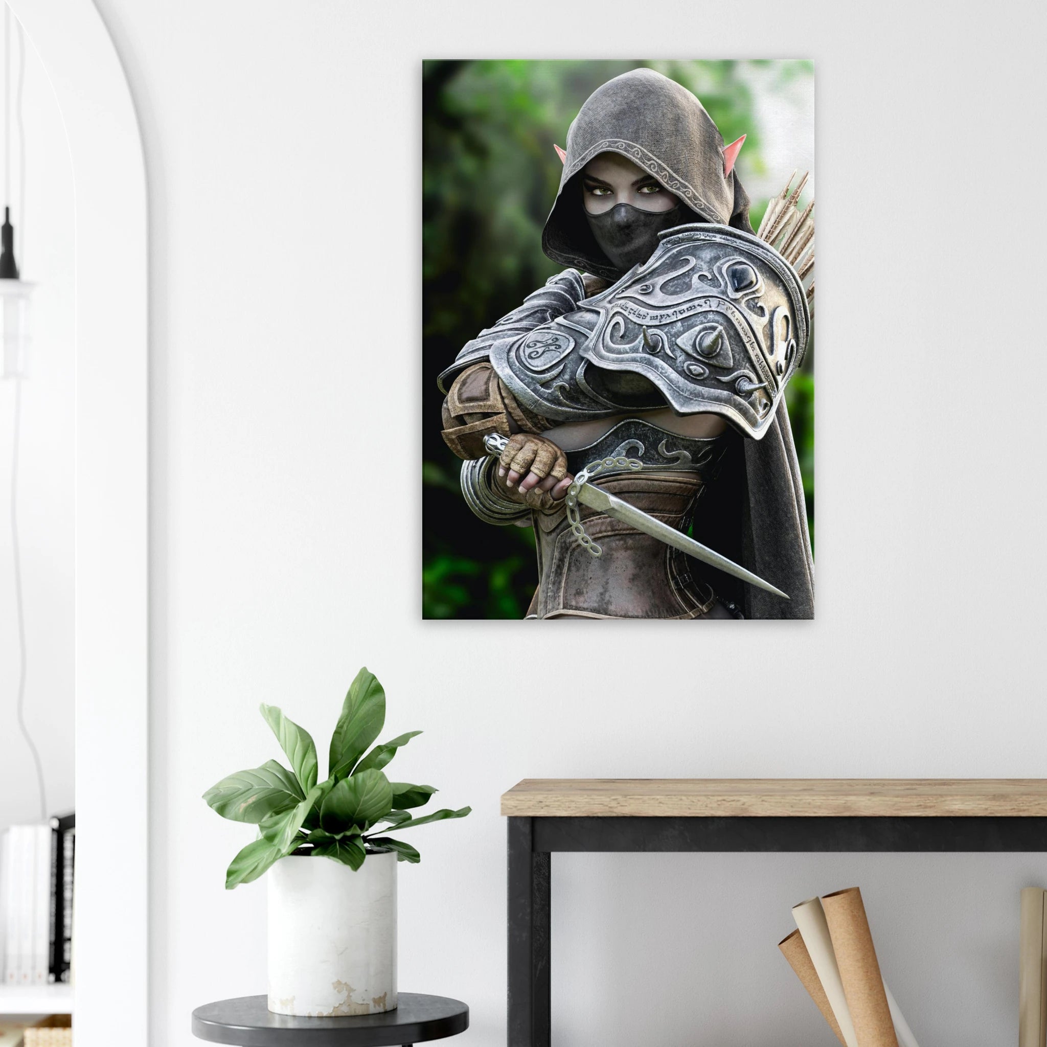 Hooded Dark Elf Rogue Assassin wall art featuring a masked female elven warrior with emerald eyes, engraved silver armor, a razor-sharp dagger, and a quiver of arrows in an enchanted forest. Handcrafted fantasy artwork perfect for gaming rooms, RPG fans, and medieval fantasy décor.