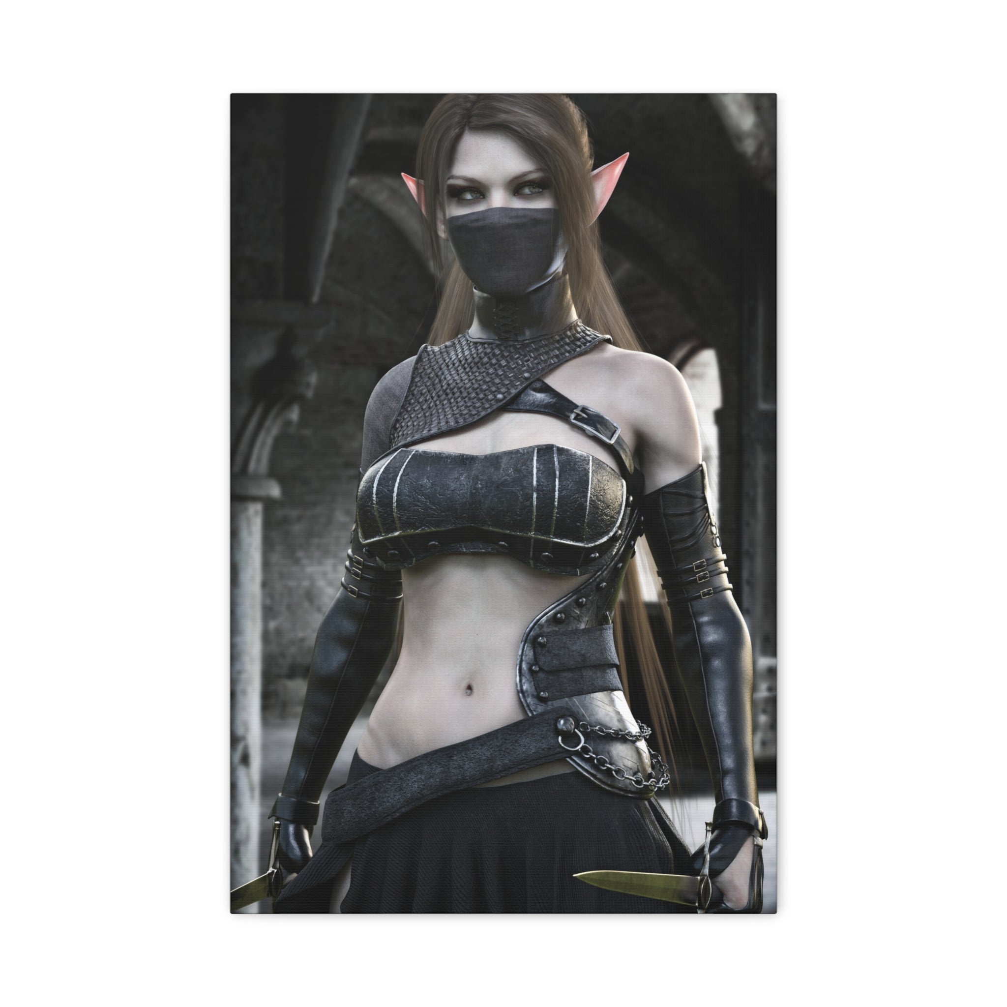 Dark elf assassin wall art featuring a masked drow warrior with twin daggers, dark armor, and piercing eyes standing in a shadowy gothic hall.