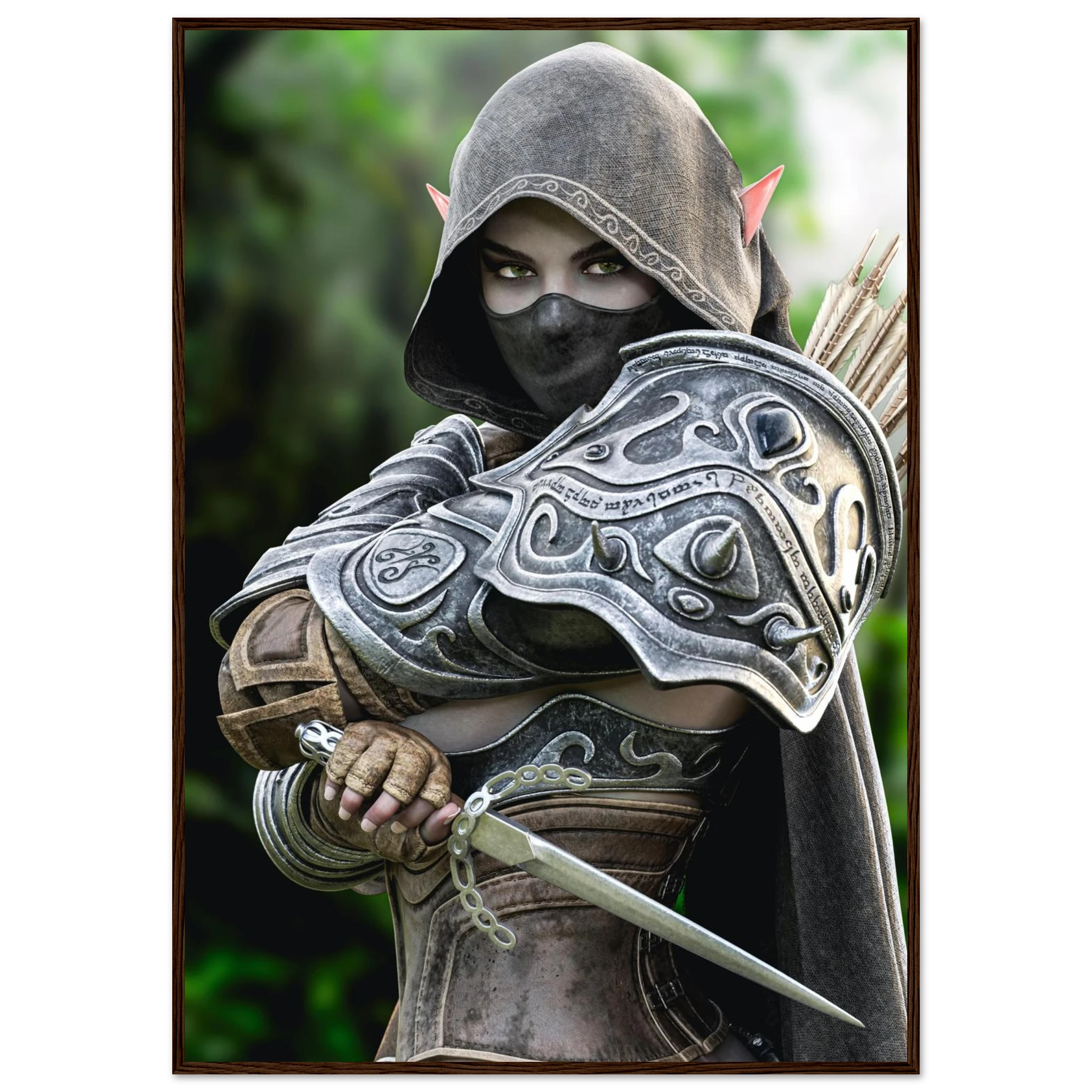 Hooded Dark Elf Rogue Assassin wall art featuring a masked female elven warrior with emerald eyes, engraved silver armor, a razor-sharp dagger, and a quiver of arrows in an enchanted forest. Handcrafted fantasy artwork perfect for gaming rooms, RPG fans, and medieval fantasy décor.