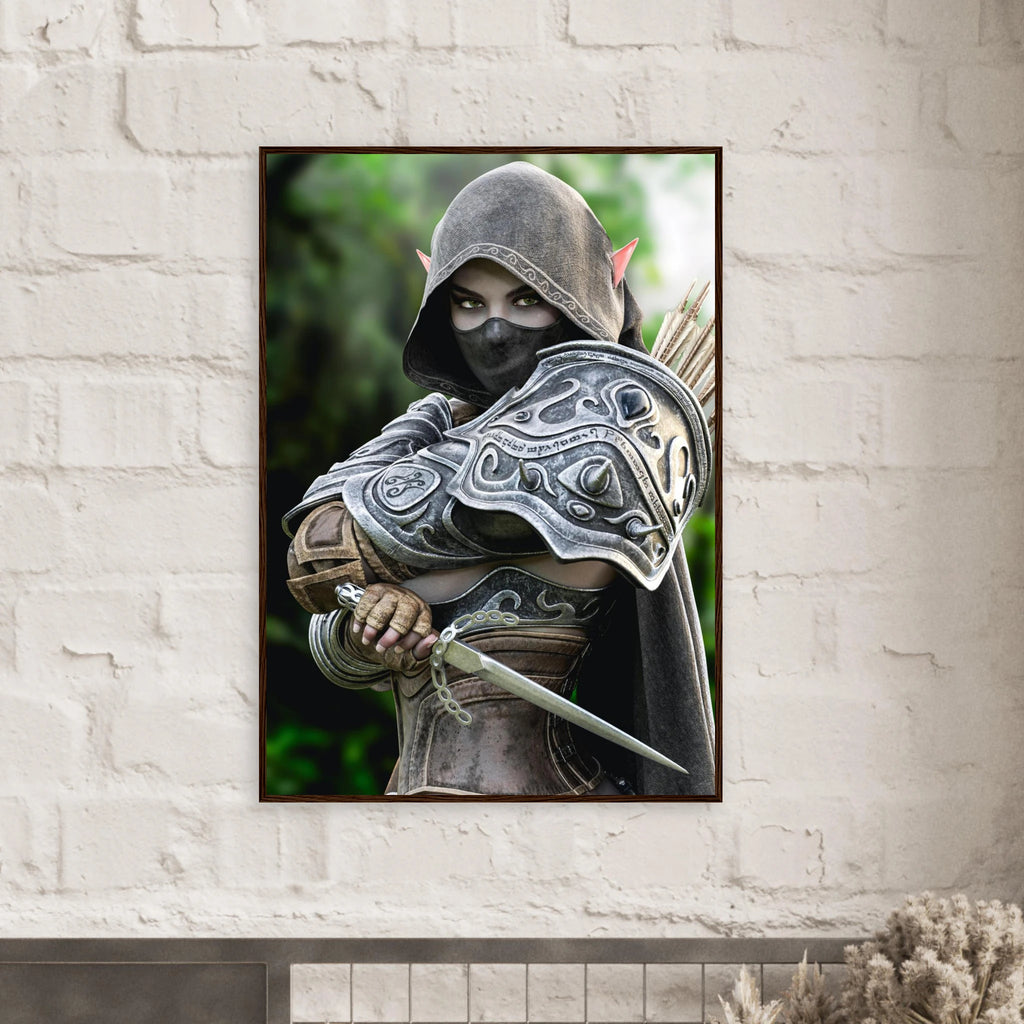 Hooded Dark Elf Rogue Assassin wall art featuring a masked female elven warrior with emerald eyes, engraved silver armor, a razor-sharp dagger, and a quiver of arrows in an enchanted forest. Handcrafted fantasy artwork perfect for gaming rooms, RPG fans, and medieval fantasy décor.